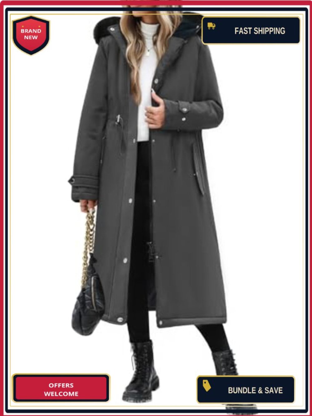 Women Long Winter Puffer Coat Warm Jacket with Faux Fur Hood